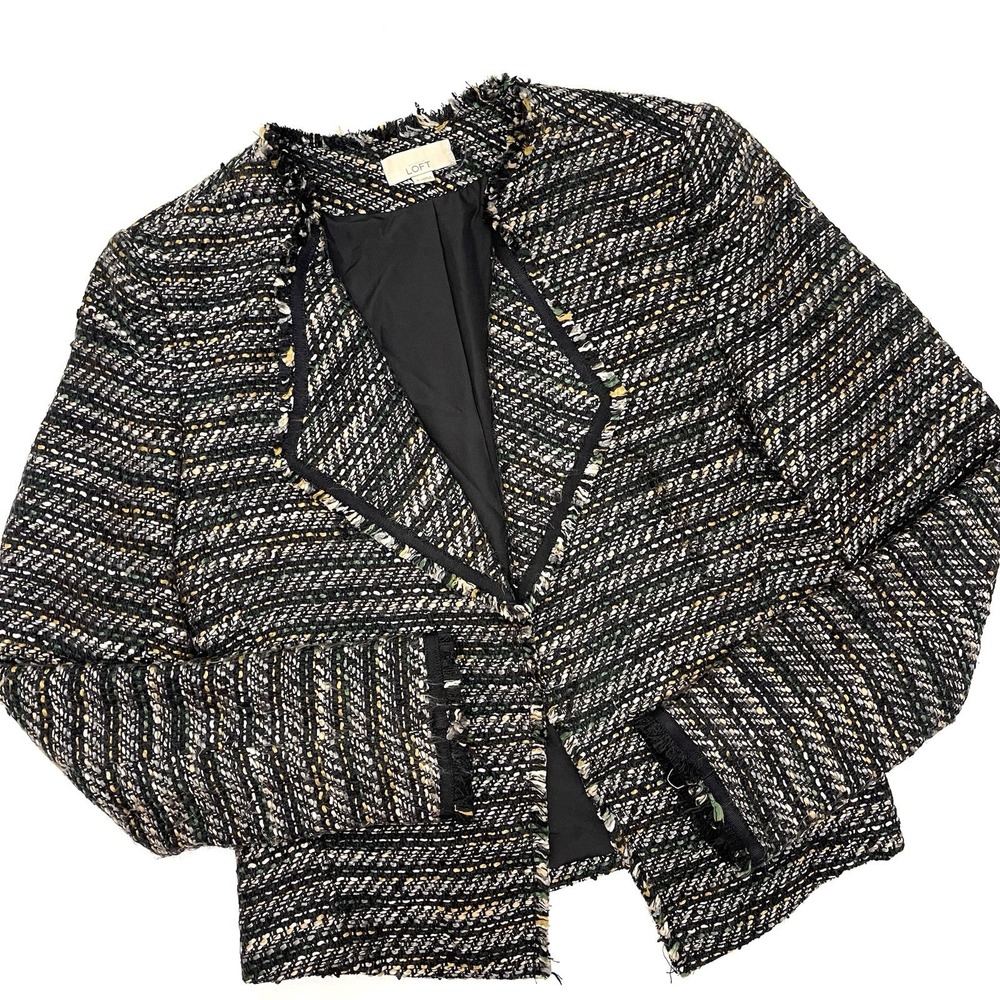 Loft Women's Black Tweed Open Blazer Black Gray Mustard 6 - Picture 9 of 14